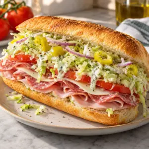 Grinder salad sandwich with provolone and creamy iceberg salad on a toasted roll