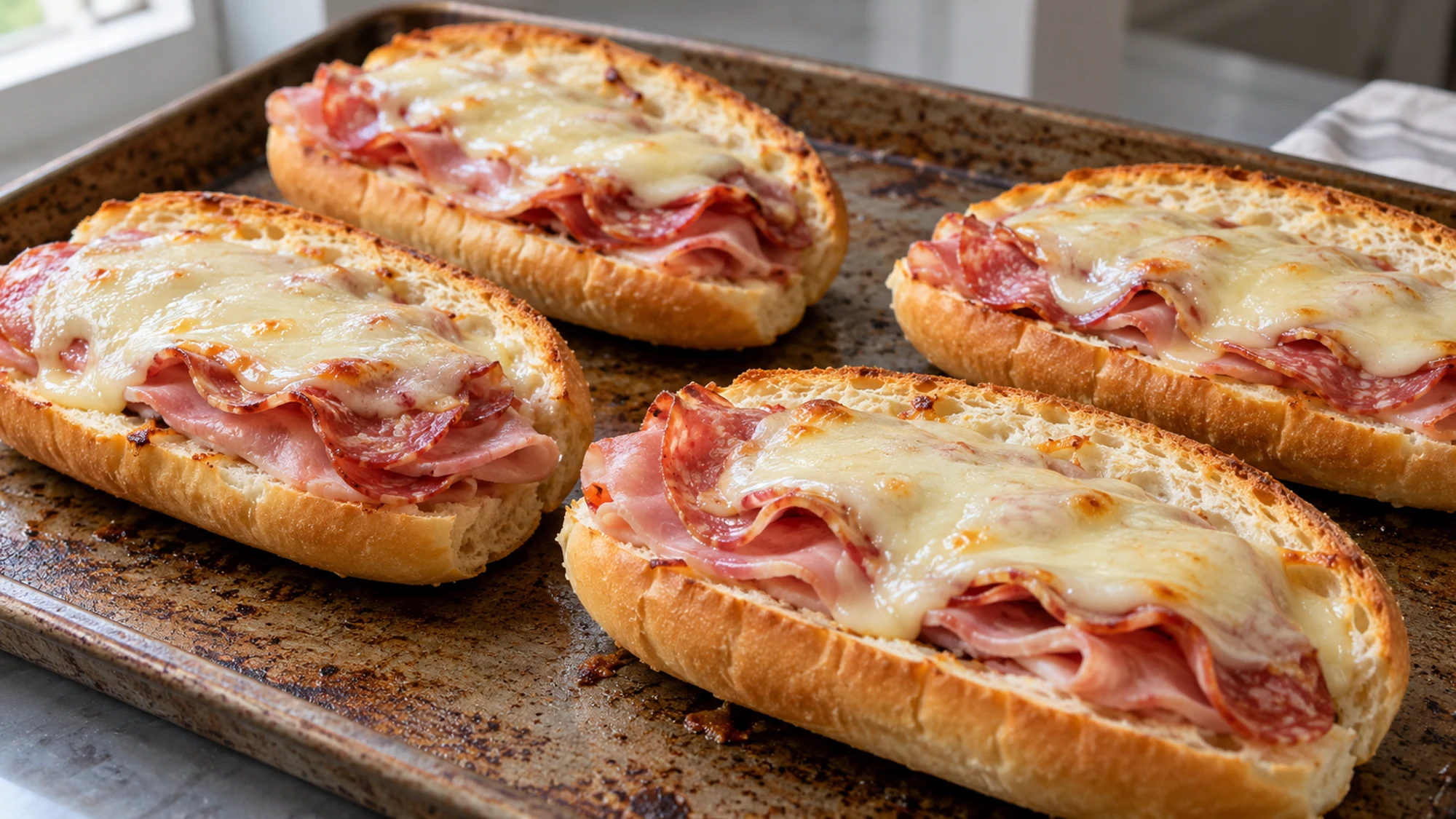 Ham, salami, and melted provolone on toasted sub rolls before adding salad
