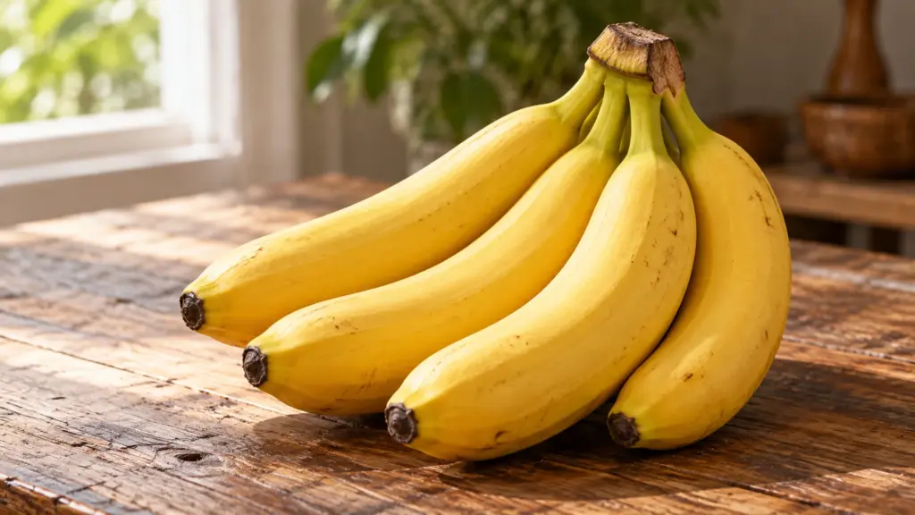 Ripe Gros Michel banana bunch on a wooden table