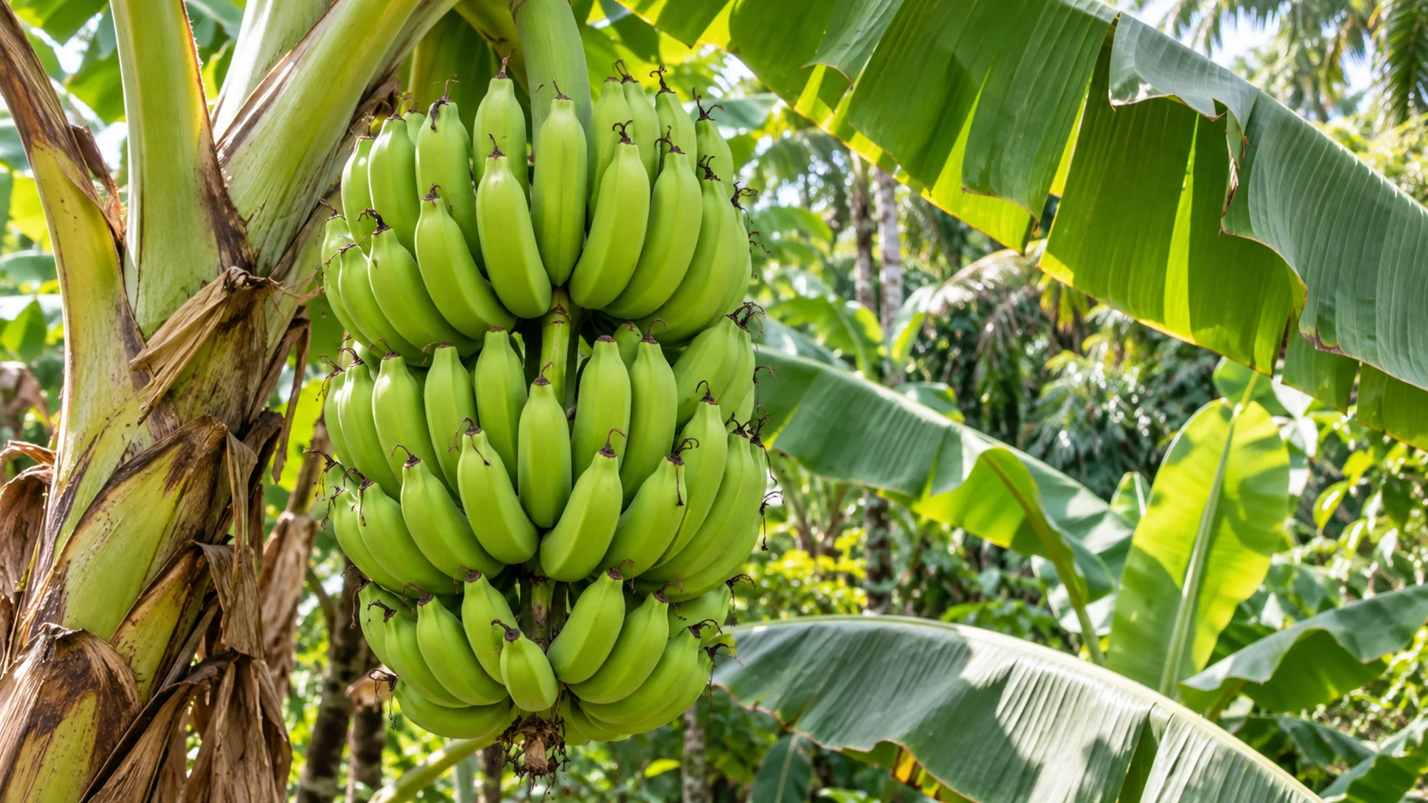 Green Gros Michel banana bunch growing beneath broad leaves