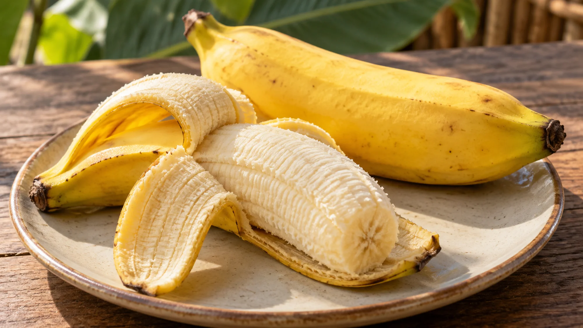 Gros Michel banana peeled to reveal cream-colored flesh