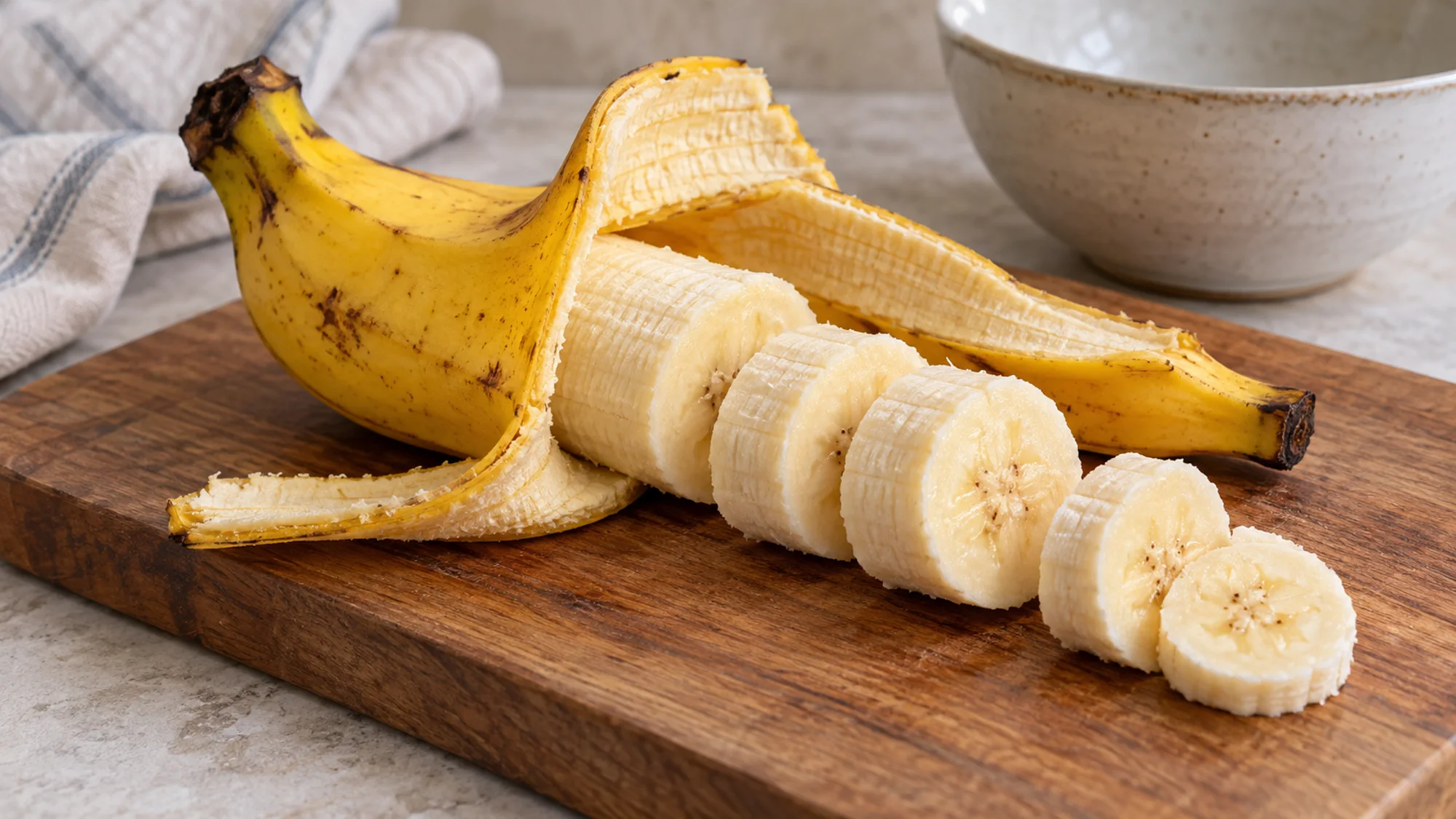 Gros Michel banana sliced into rounds beside its yellow peel