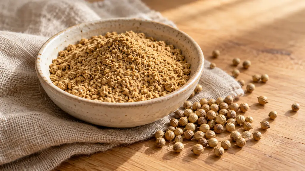 Ground coriander powder in a ceramic bowl beside whole ridged seeds