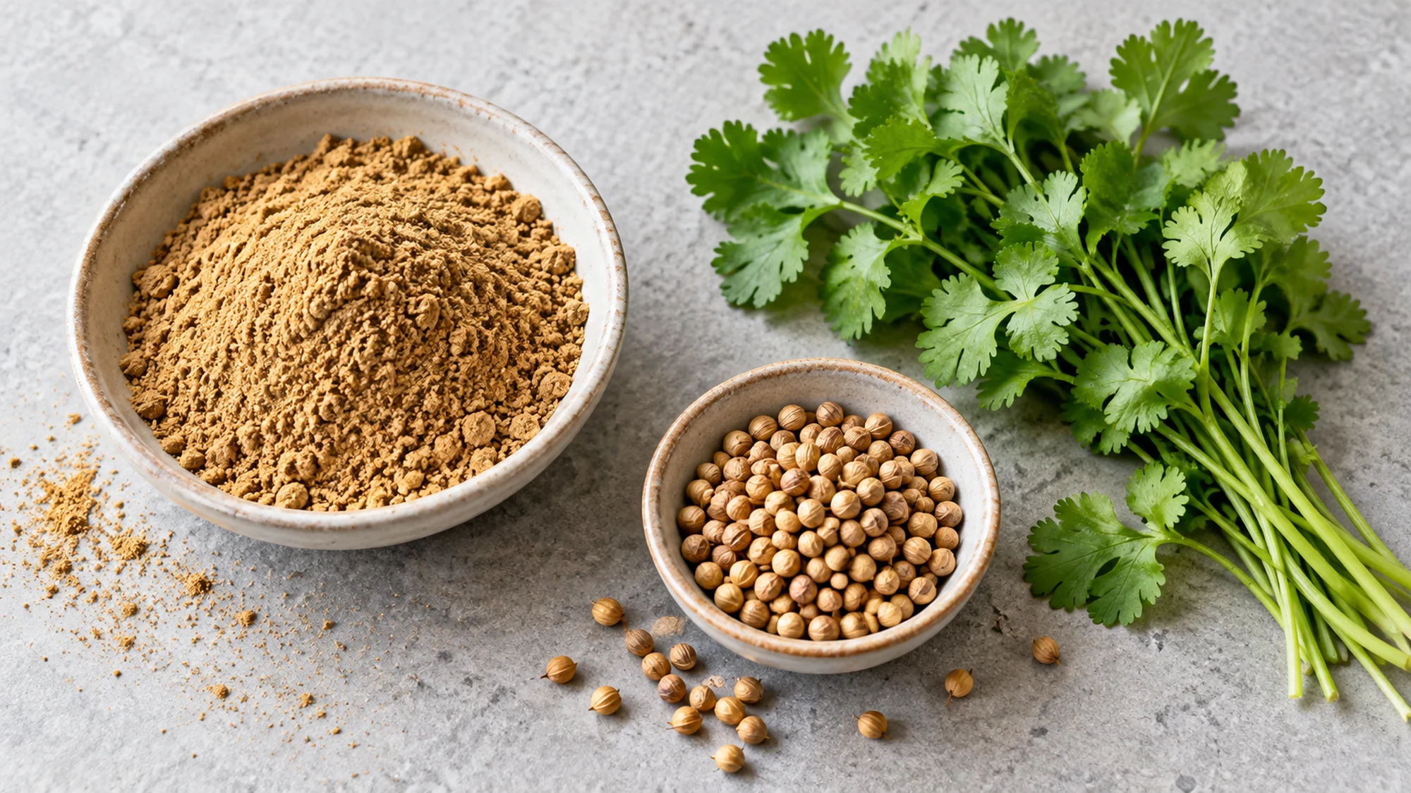 Ground coriander, whole coriander seeds and fresh cilantro shown side by side