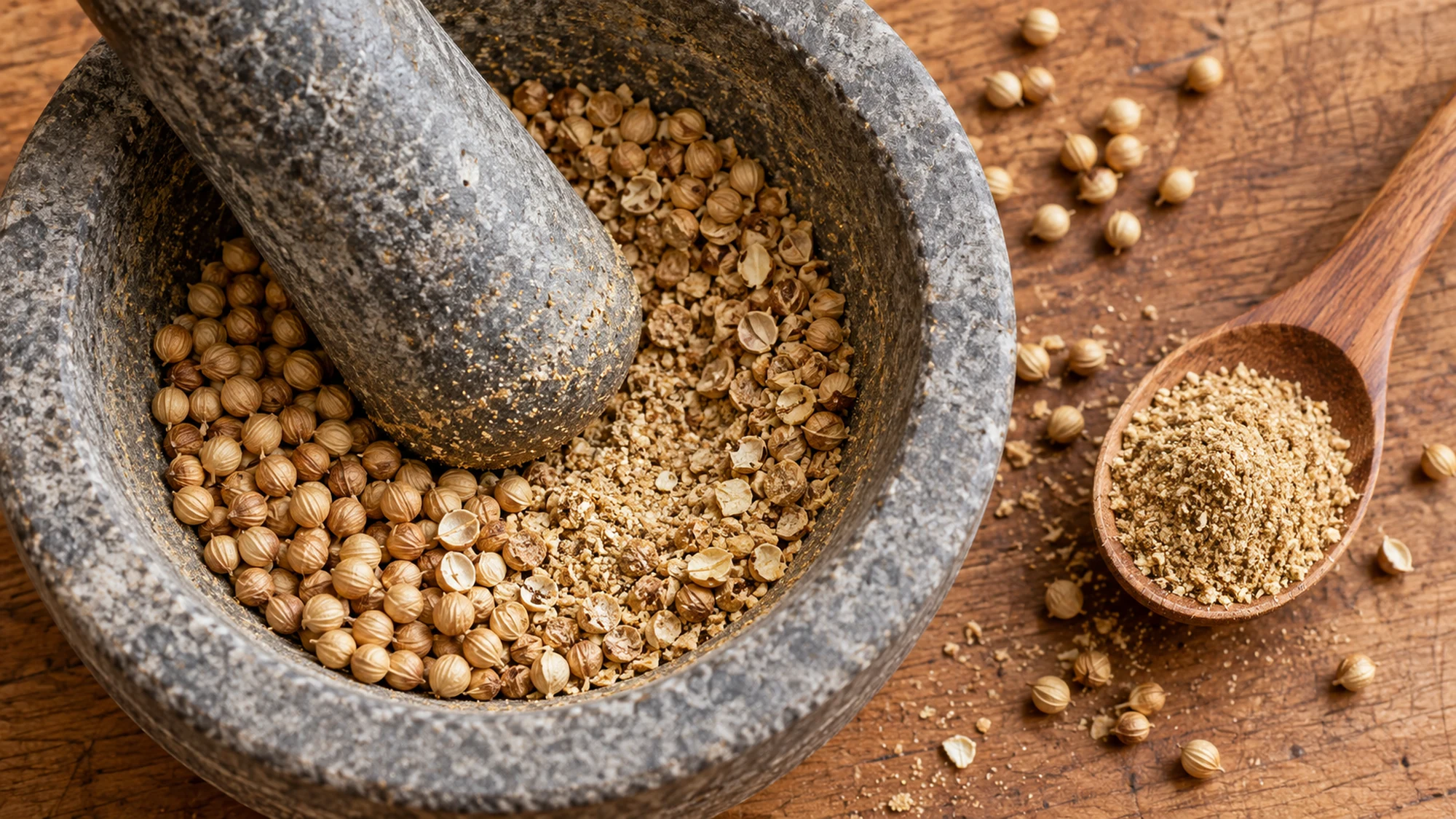 Coriander seeds partly crushed in a mortar beside ground coriander