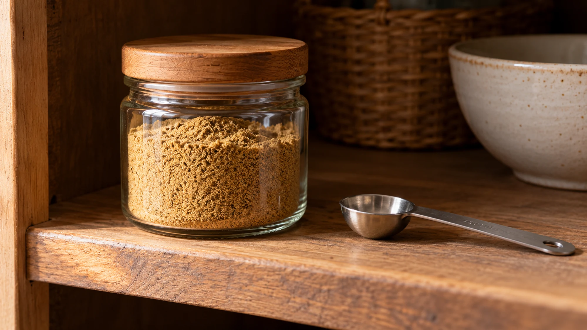 Ground coriander stored in a closed glass jar with a dry measuring spoon