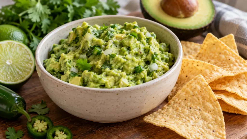 Chunky guacamole with onion and cilantro in a bowl