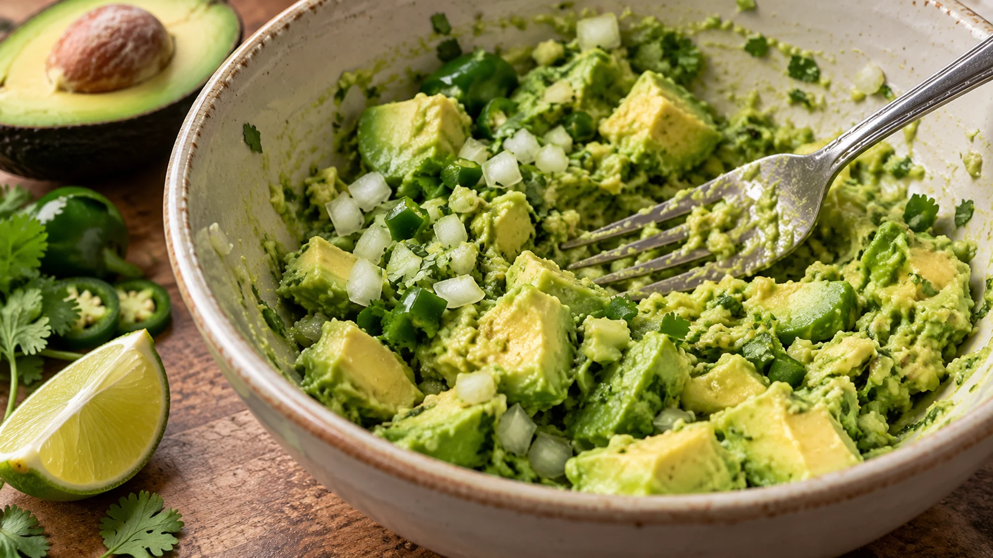 Guacamole mashed with a fork while small avocado pieces remain