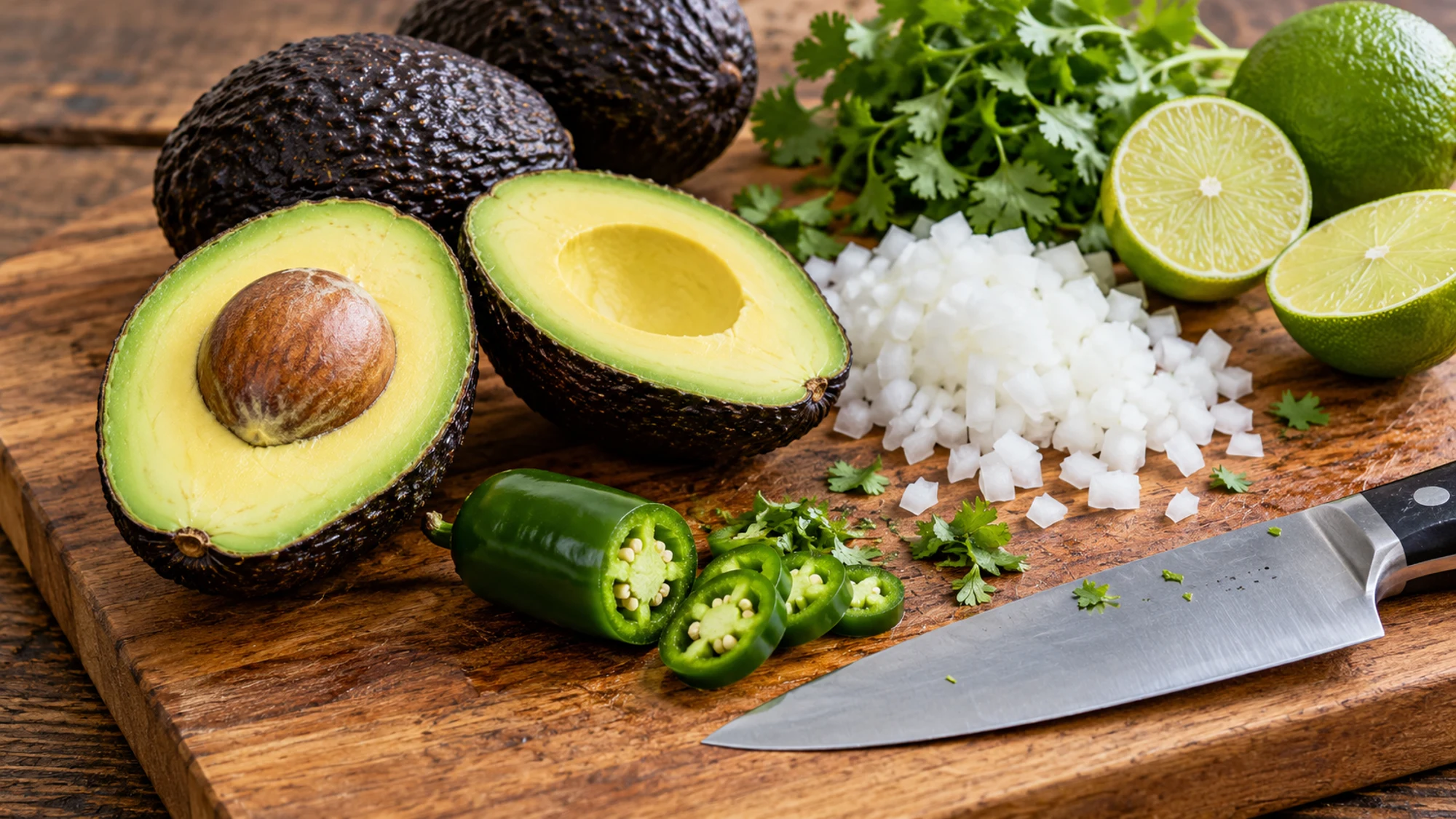Guacamole ingredients with avocado onion cilantro jalapeño and lime