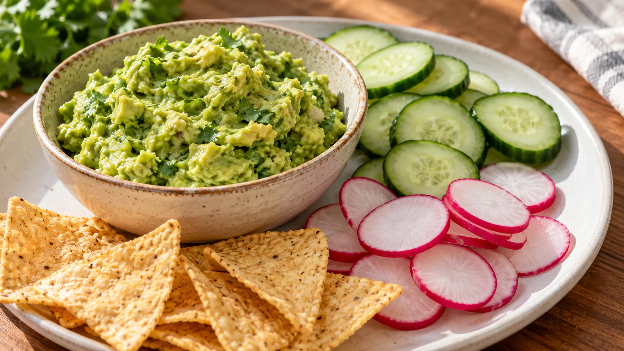 Guacamole served with cucumber radishes and tortilla chips
