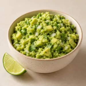 Guacamole with small avocado pieces and cilantro in a ceramic bowl