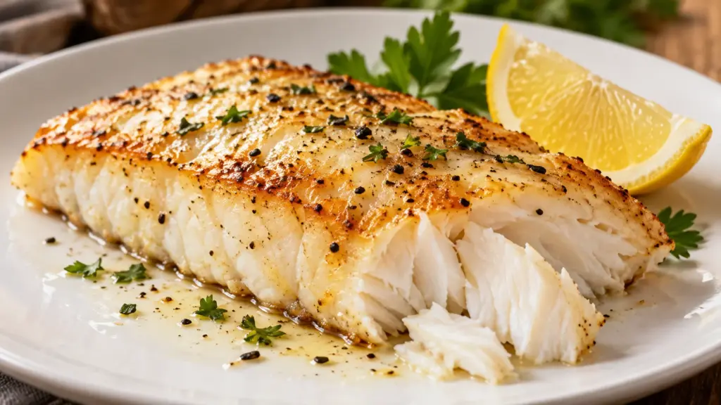 Cooked halibut fish fillet with white flakes and a lemon wedge