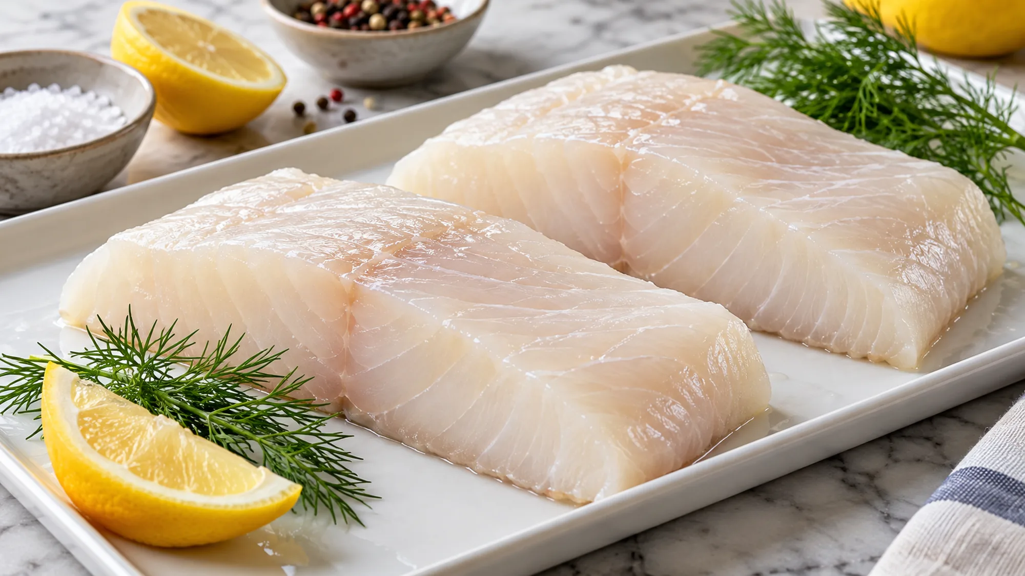 Two raw halibut fish fillets on a clean white tray