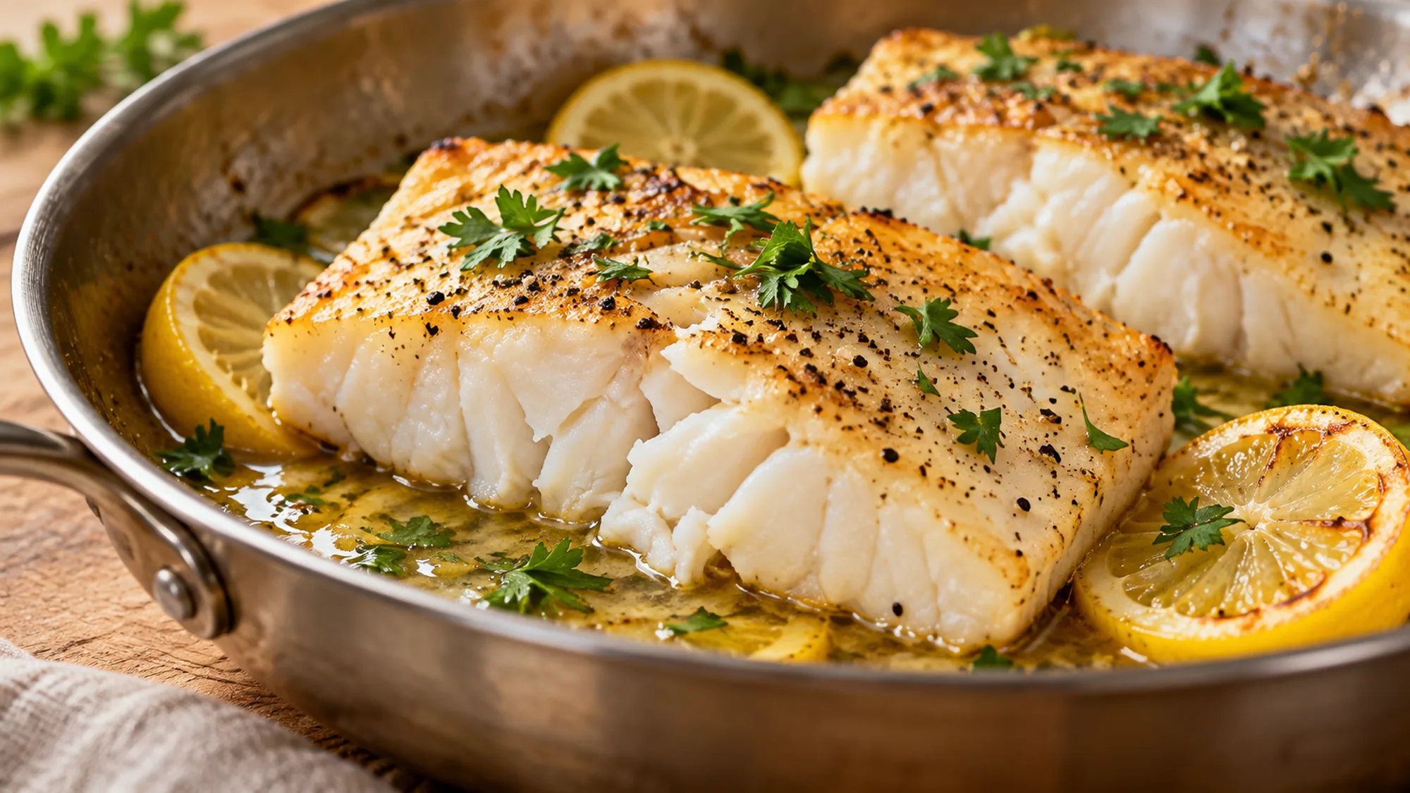 Halibut fish fillets with lemon and herbs in a shallow pan