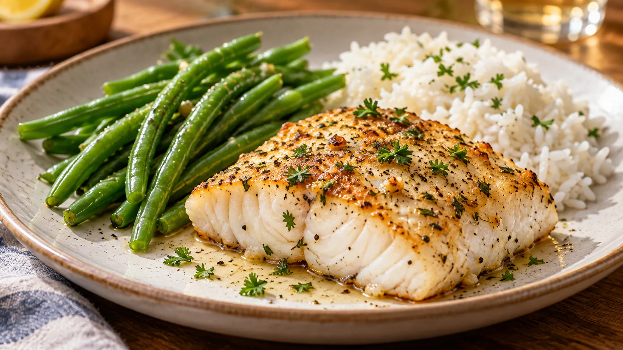 Halibut fish served with green beans and rice