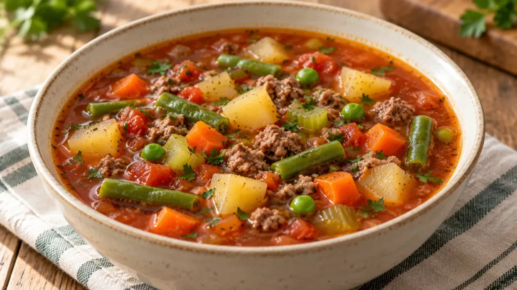 Hamburger vegetable soup with ground beef, potatoes, carrots, green beans, and peas