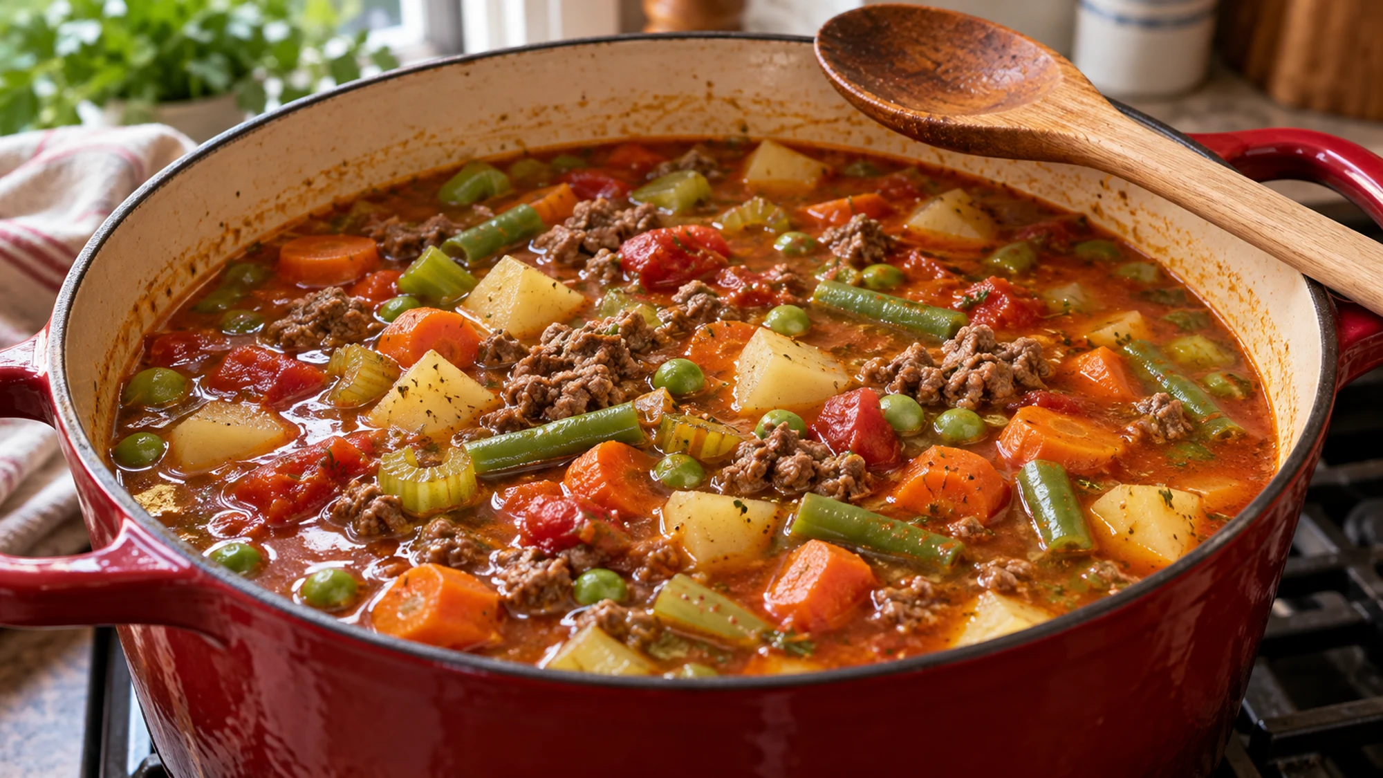 Hamburger vegetable soup simmering in a pot with potatoes and tomato broth