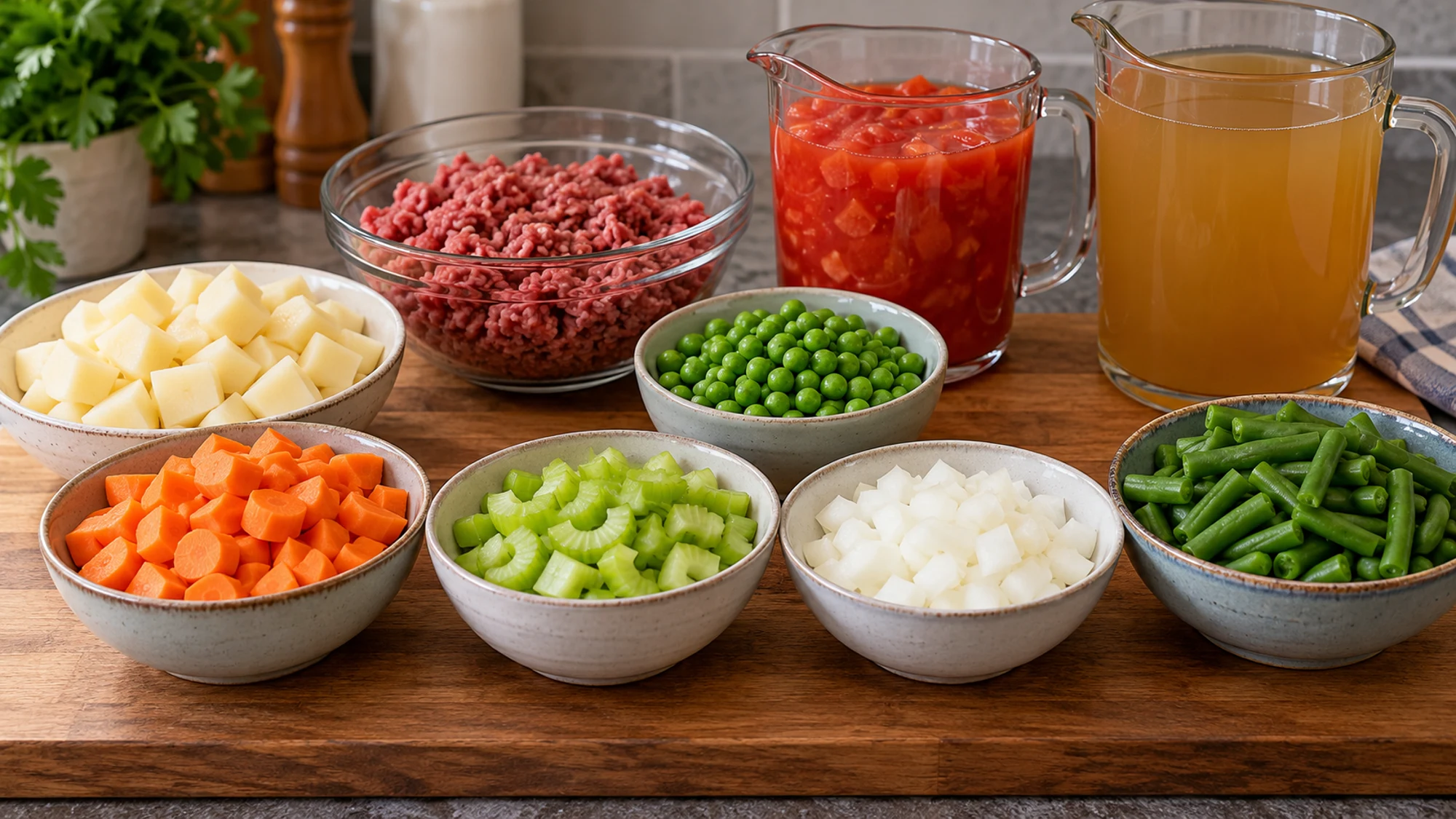 Measured vegetables and ground beef prepared for hamburger vegetable soup