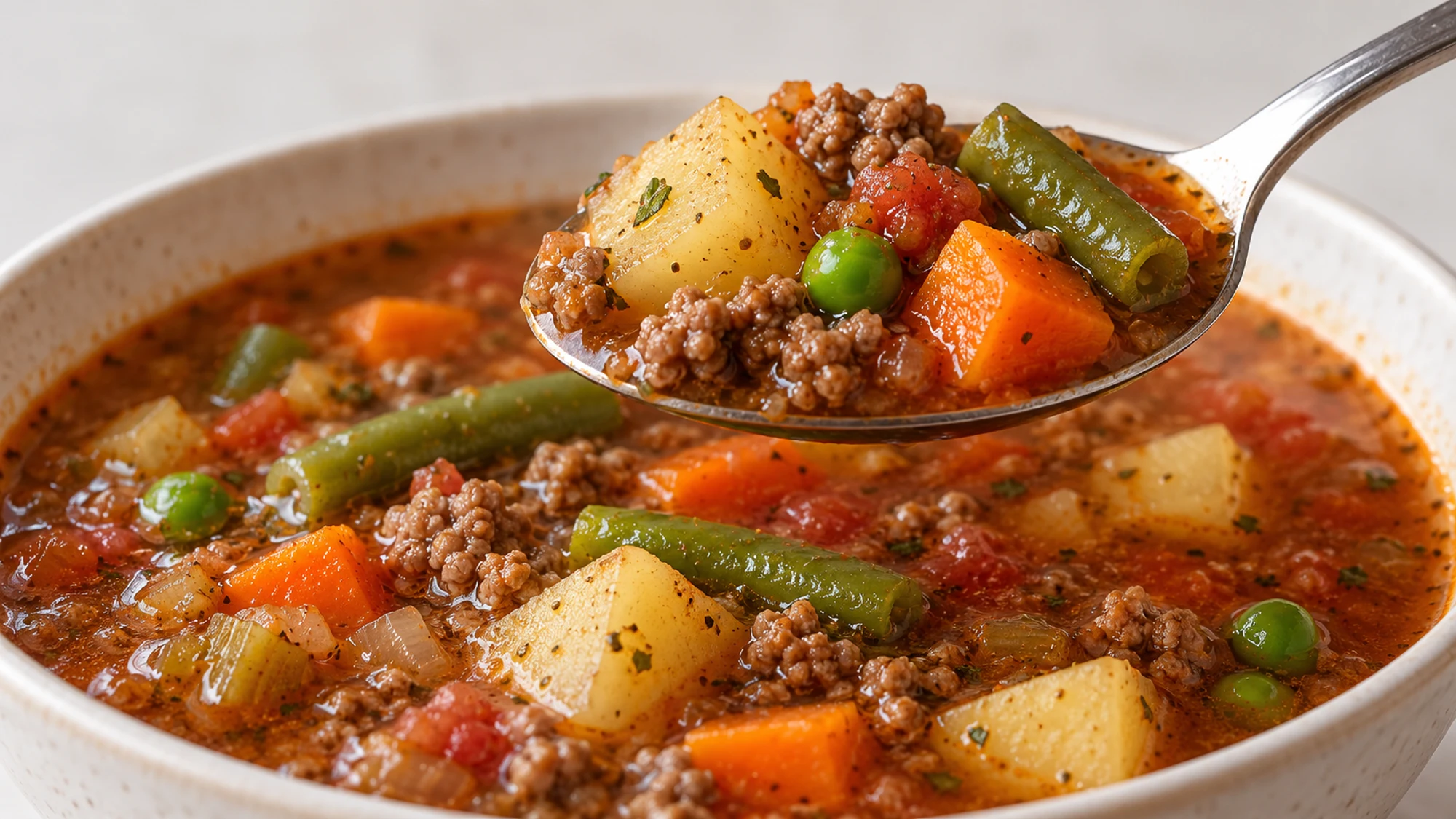 A bowl of hamburger vegetable soup served with bread on the side