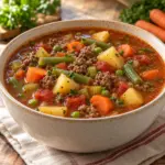 Ground beef and tender vegetables in a bowl of hamburger vegetable soup