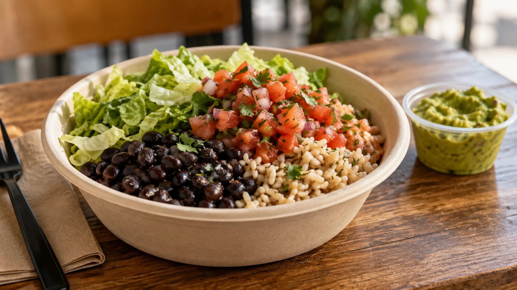 Bean and rice takeaway bowl with salsa and guacamole