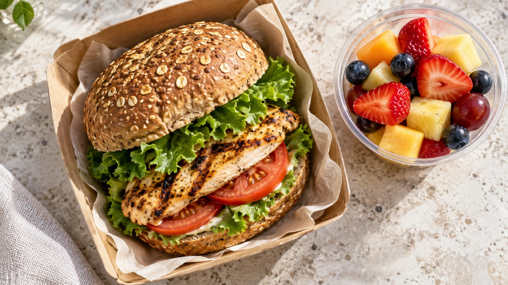 Grilled chicken sandwich with lettuce, tomato and a fruit cup