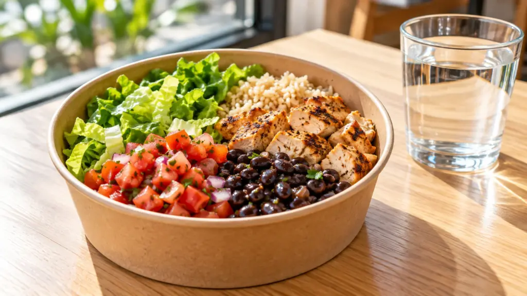 Grilled chicken, beans and vegetables in a takeaway bowl