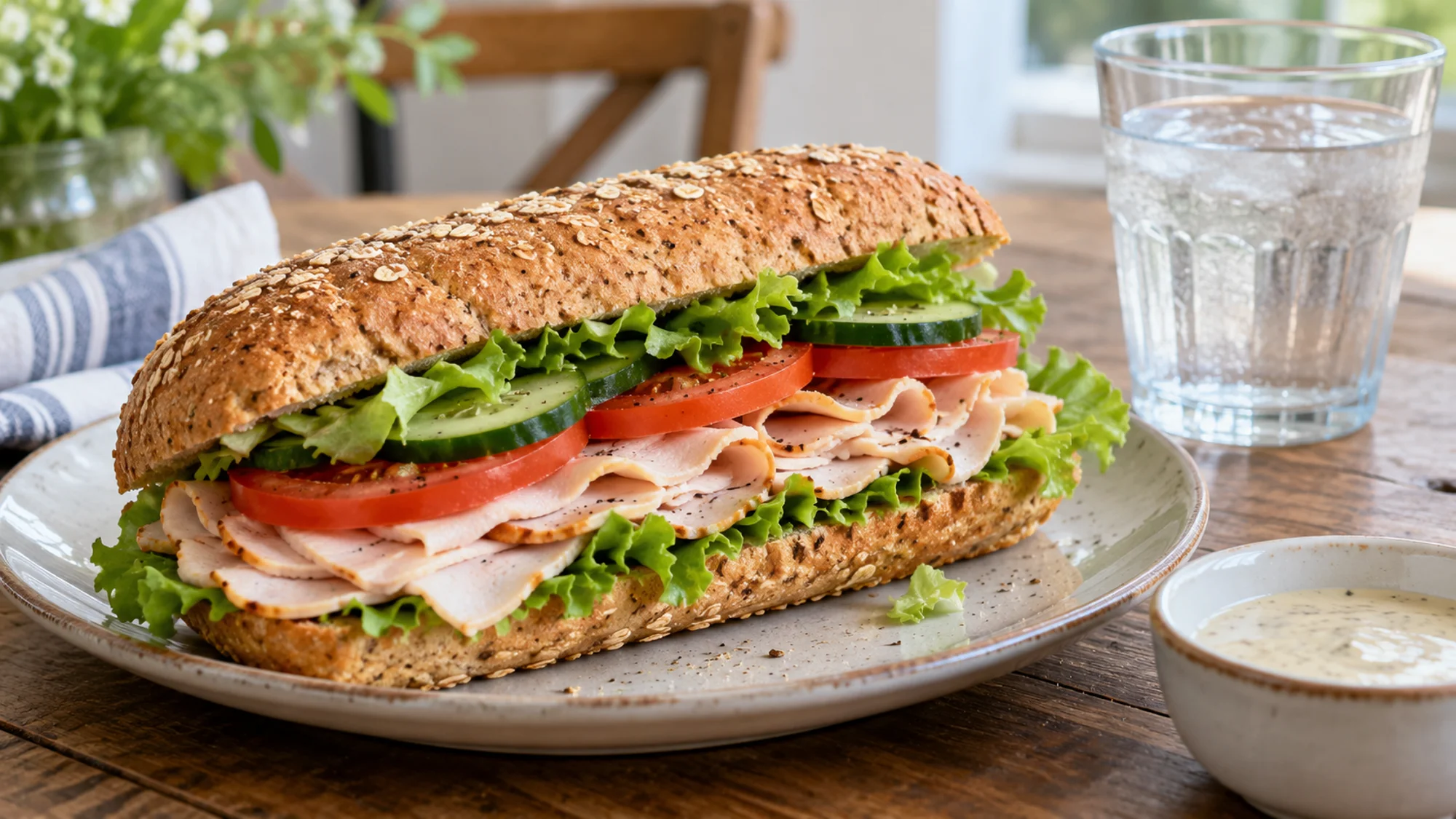 Turkey and vegetable sandwich with dressing on the side