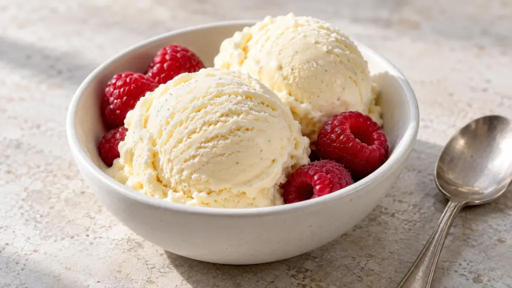Healthy ice cream guide: vanilla scoops with fresh raspberries