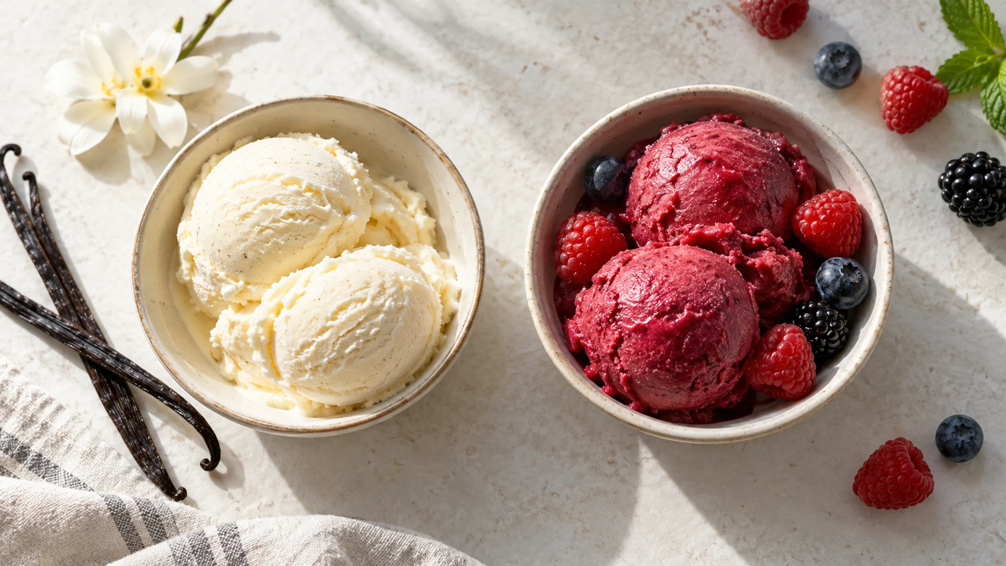 Healthy ice cream choices compared with bowls of vanilla ice cream and berry sorbet