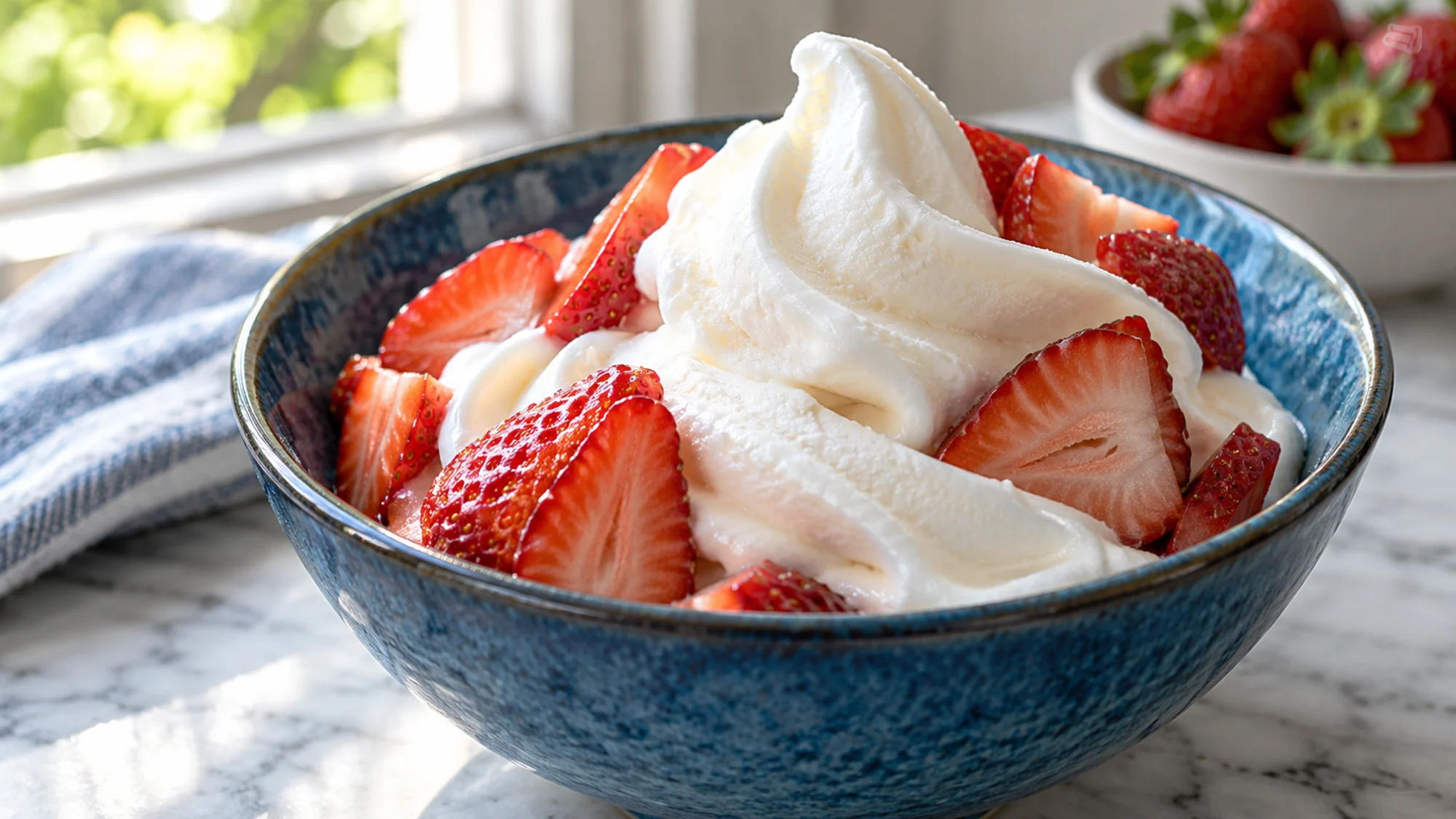Healthy ice cream alternative of frozen yogurt with sliced strawberries