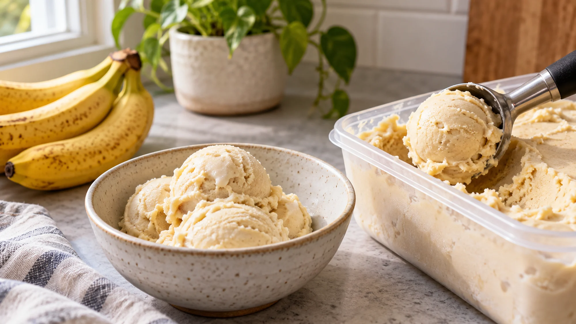 Healthy ice cream alternative made with banana, served beside a freezer container