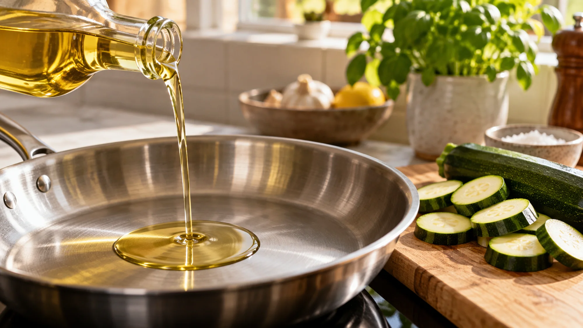 High oleic sunflower oil poured into a stainless skillet beside sliced zucchini