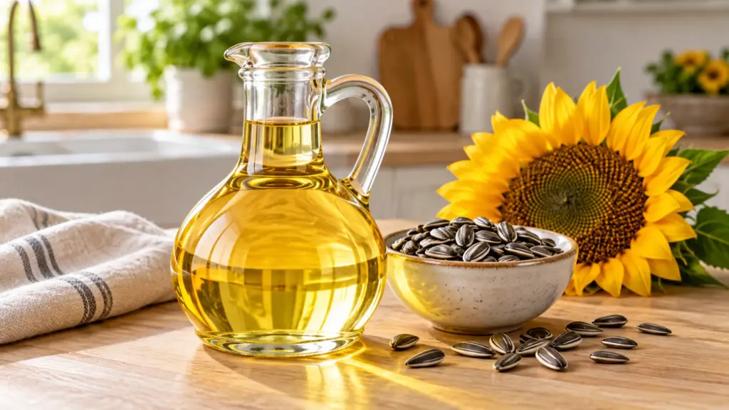 High oleic sunflower oil in a glass cruet beside sunflower seeds and a flower