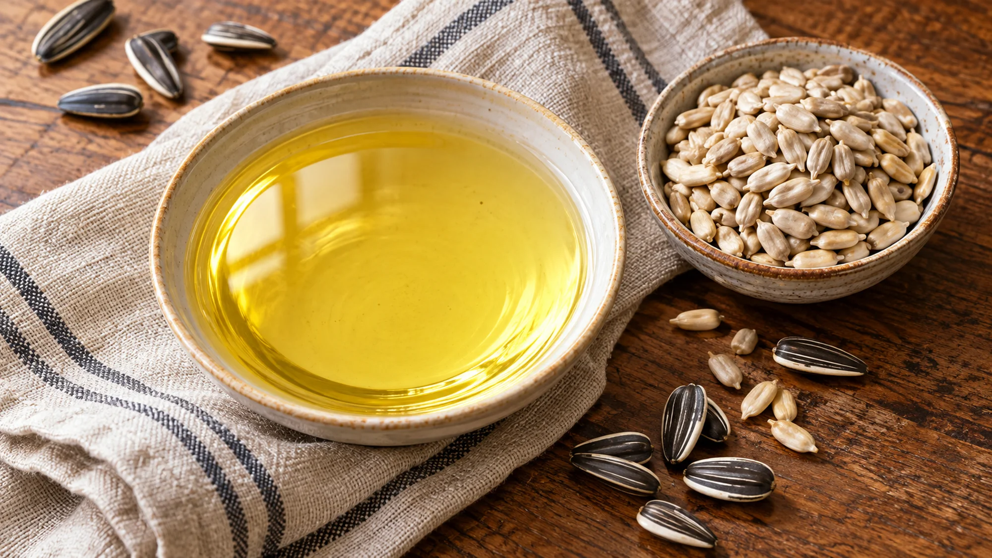 High oleic sunflower oil in a ceramic bowl with hulled and striped sunflower seeds