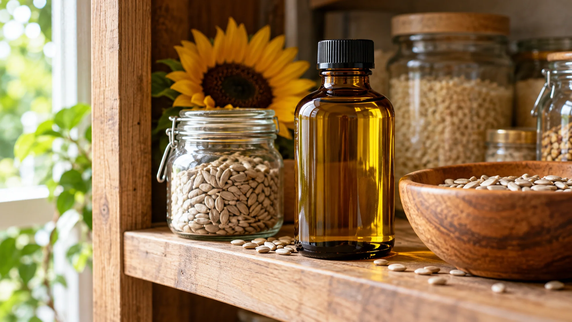 High oleic sunflower oil in a capped amber bottle on a pantry shelf