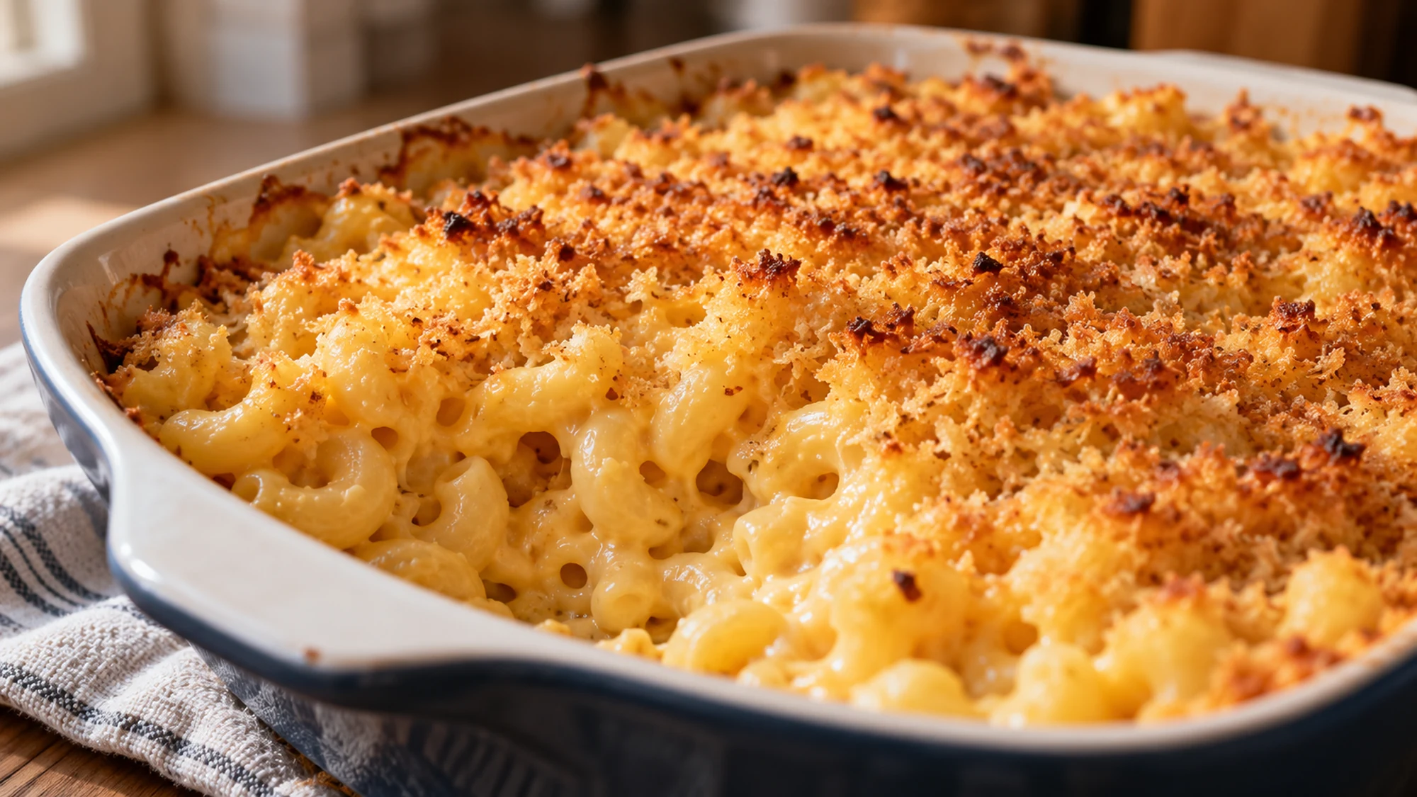 Golden panko and sauced elbows in the homemade mac and cheese recipe