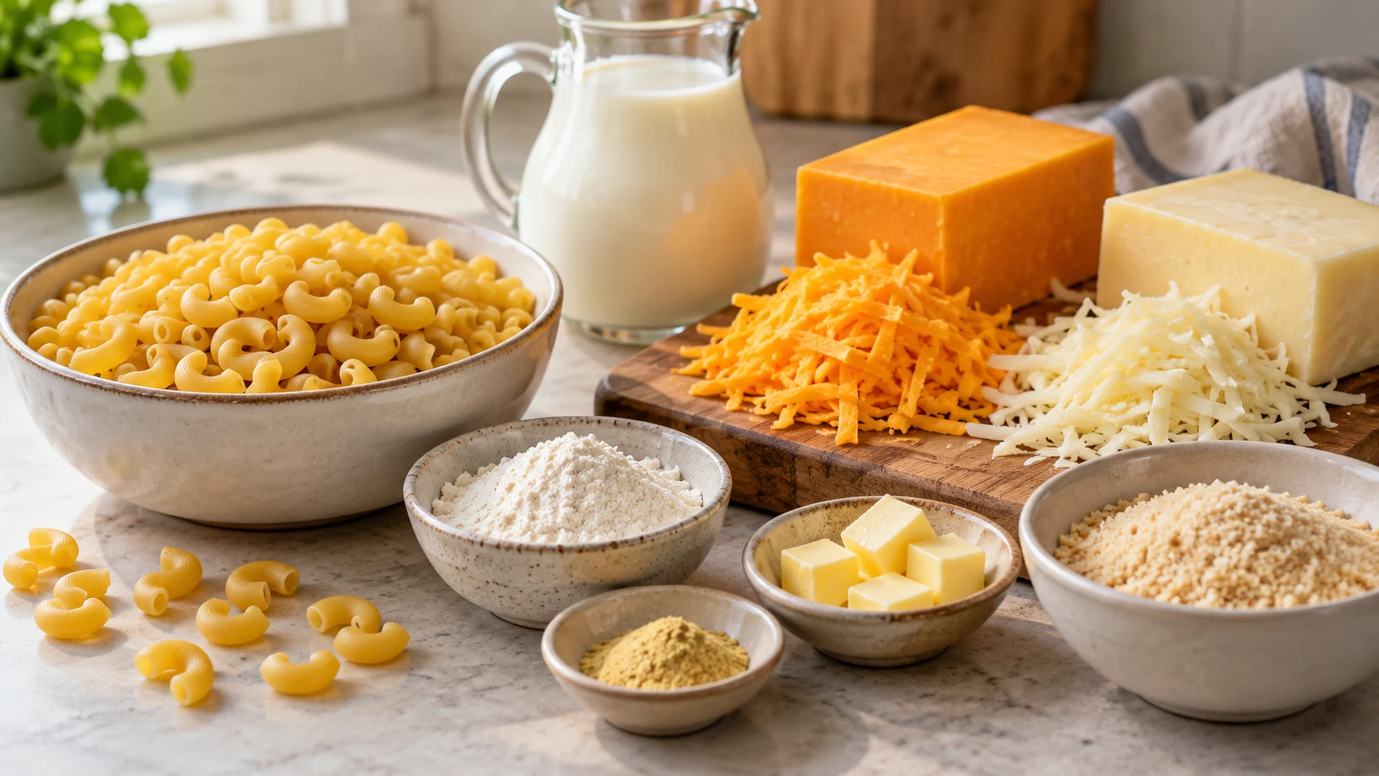 Pasta, milk, grated cheeses, flour and butter for the homemade mac and cheese recipe