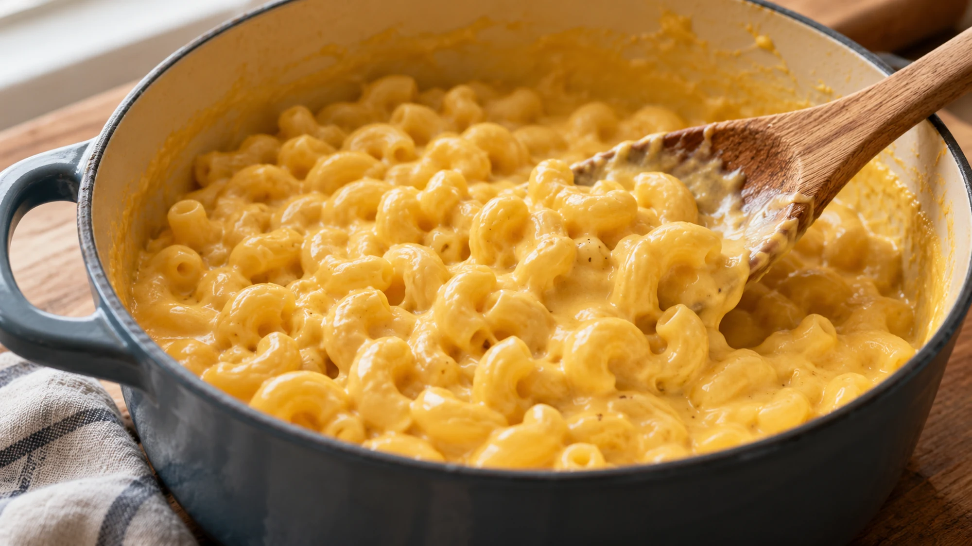 Elbow macaroni folded into cheese sauce for the homemade mac and cheese recipe
