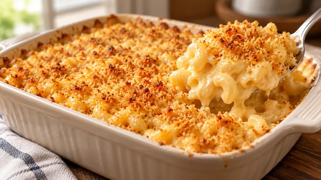 A creamy serving of the homemade mac and cheese recipe lifted from its golden crumb topping