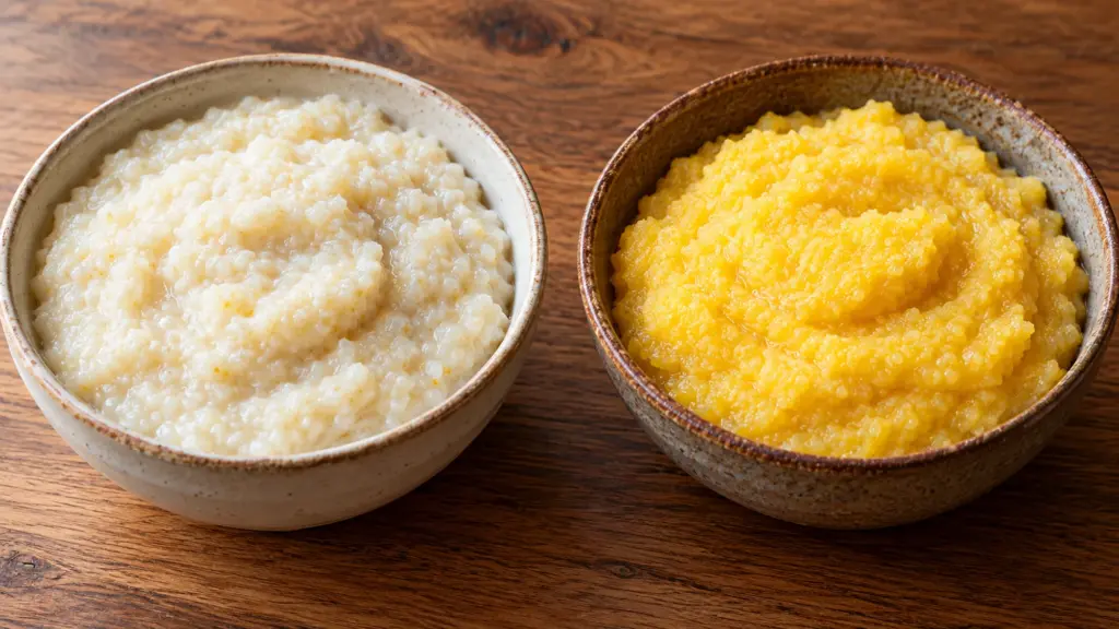 Pale cooked hominy grits beside a separate bowl of golden corn polenta