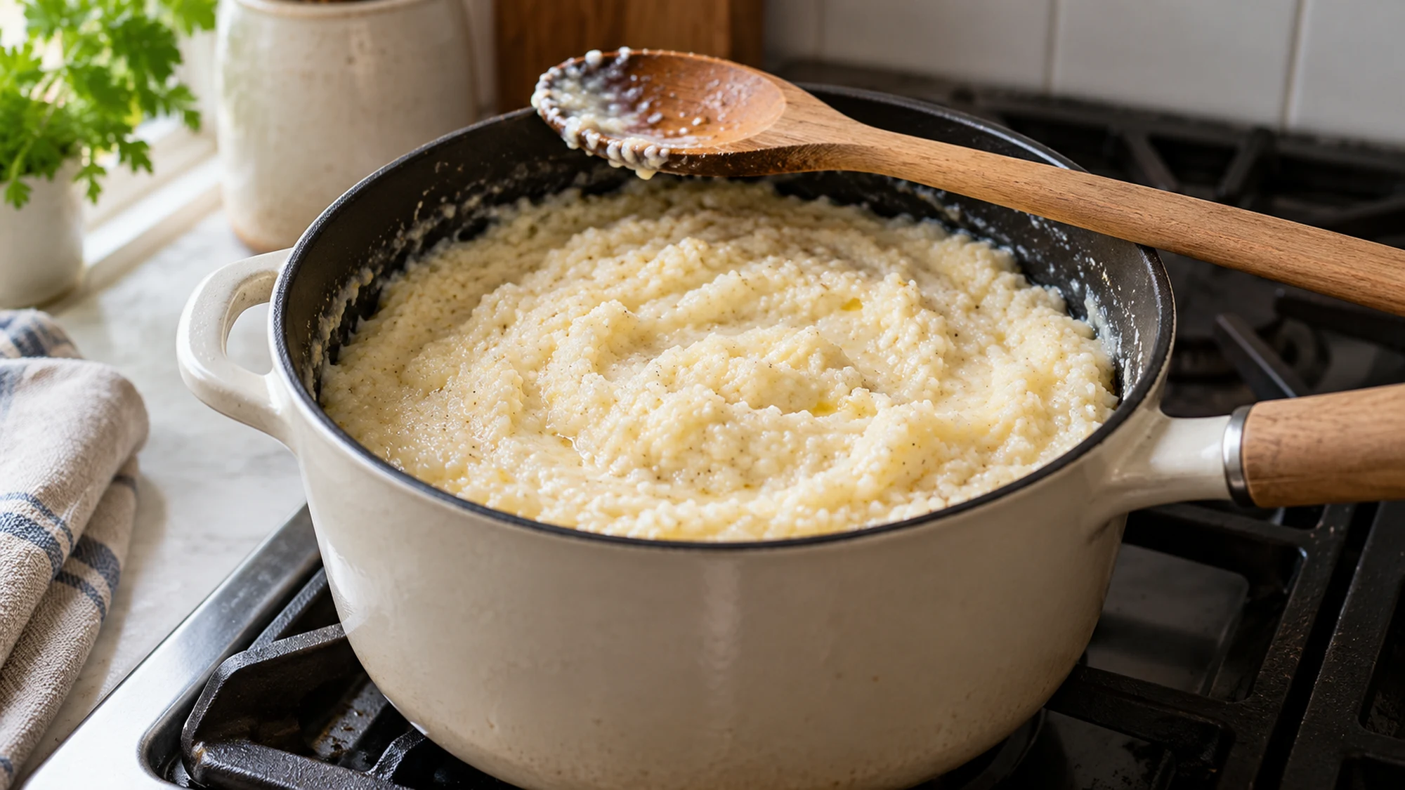 Creamy pale hominy grits in a saucepan with a wooden spoon across the rim