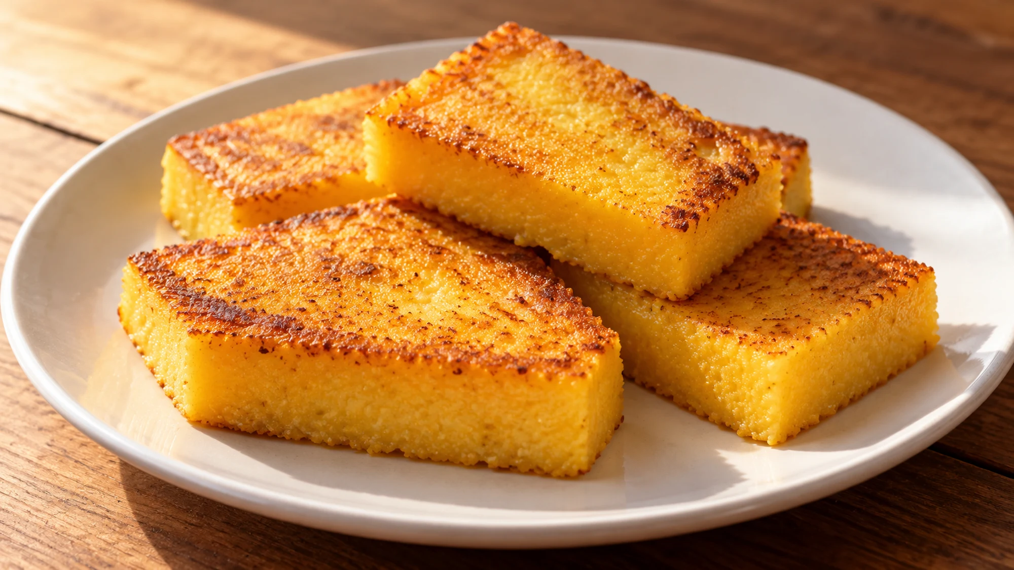 Thick rectangular slices of golden polenta with browned surfaces on a white plate