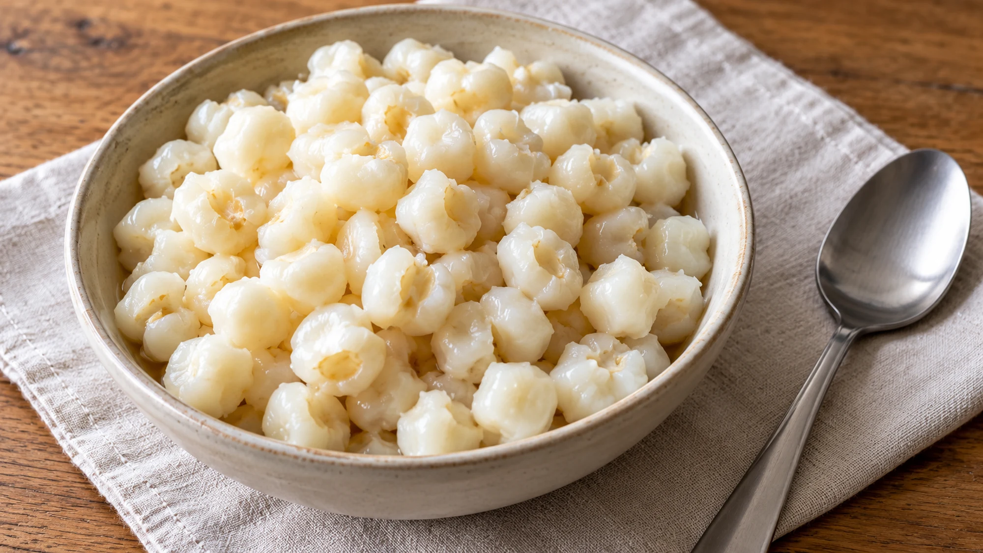 Whole cooked white hominy kernels in a shallow bowl beside a spoon