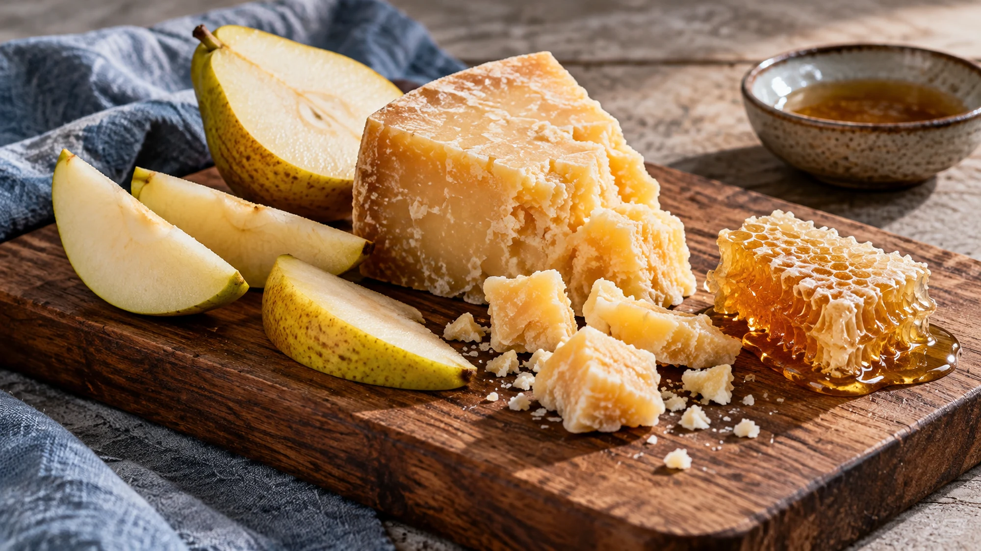 Honey comb beside aged cheese and pear wedges