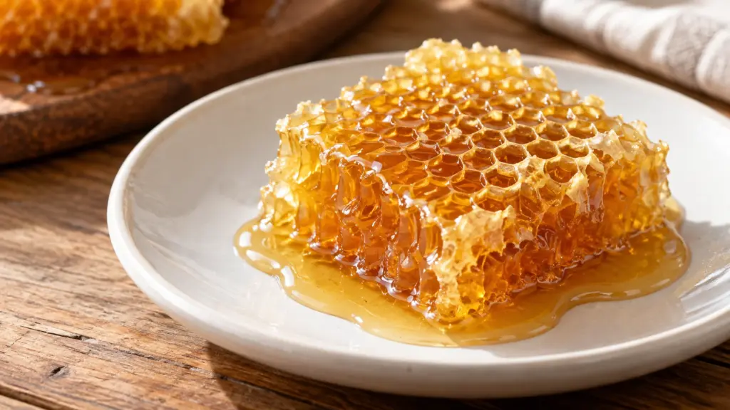 Honey comb with amber honey pooling on a white plate
