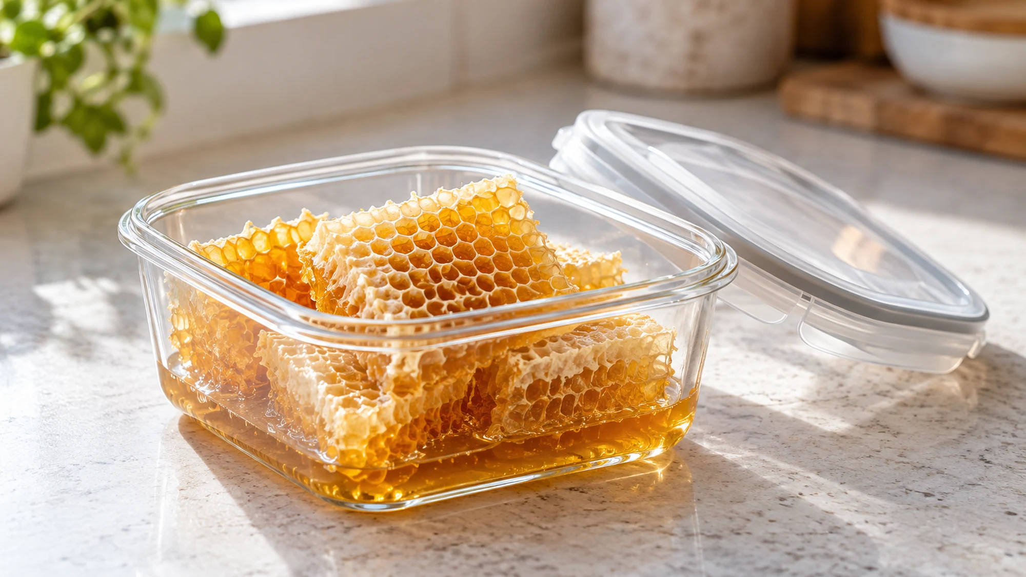 Honey comb in a clear food container with its lid beside it