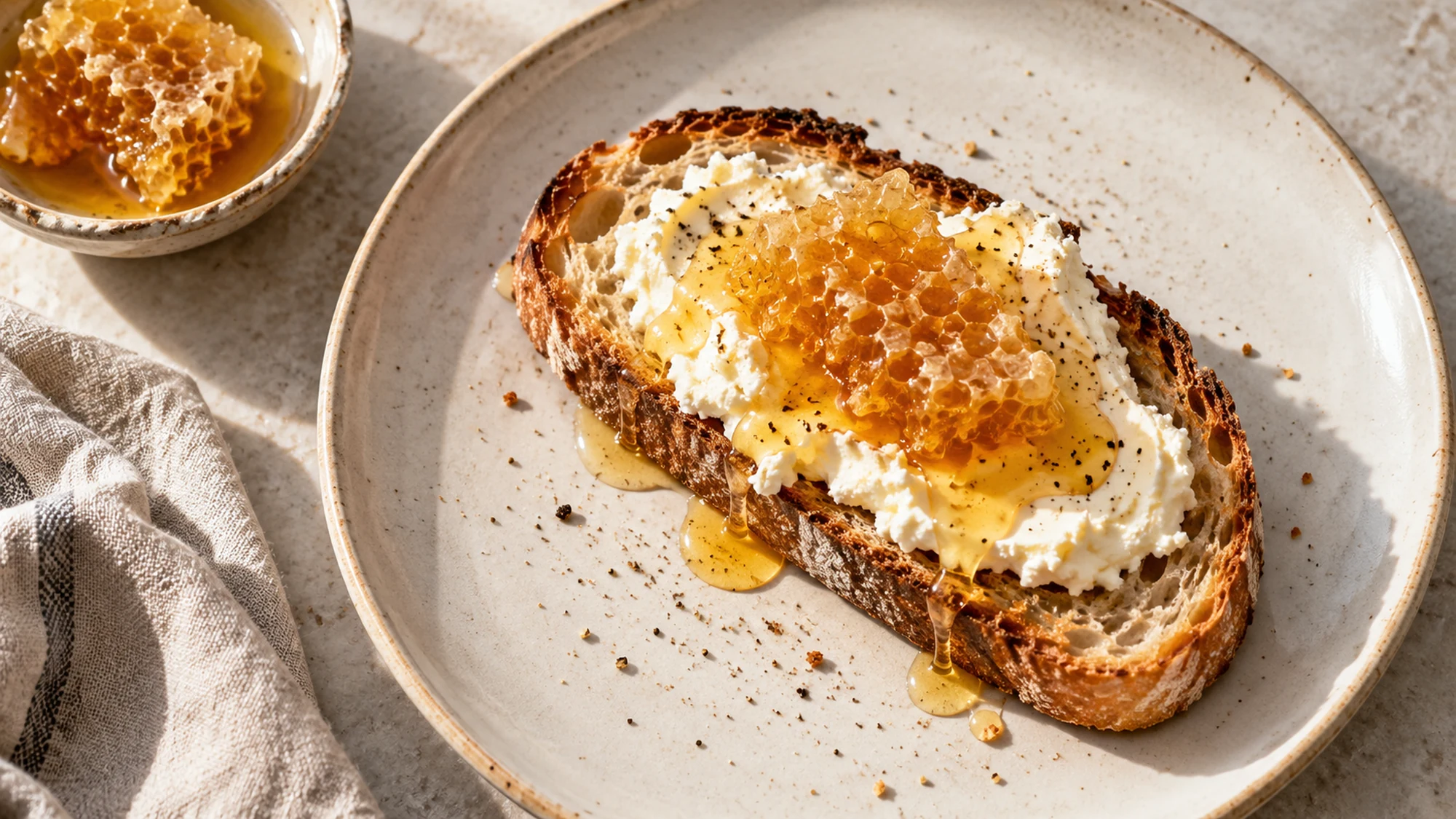 Honey comb on toast with soft white cheese