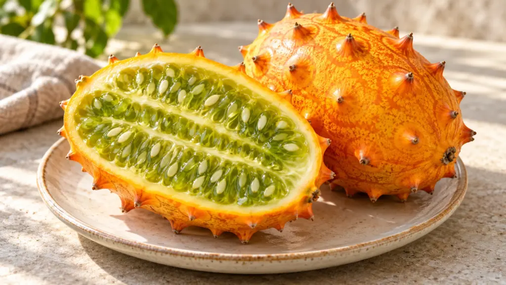 Whole horned melon and a cut half showing green seeded pulp on a plate