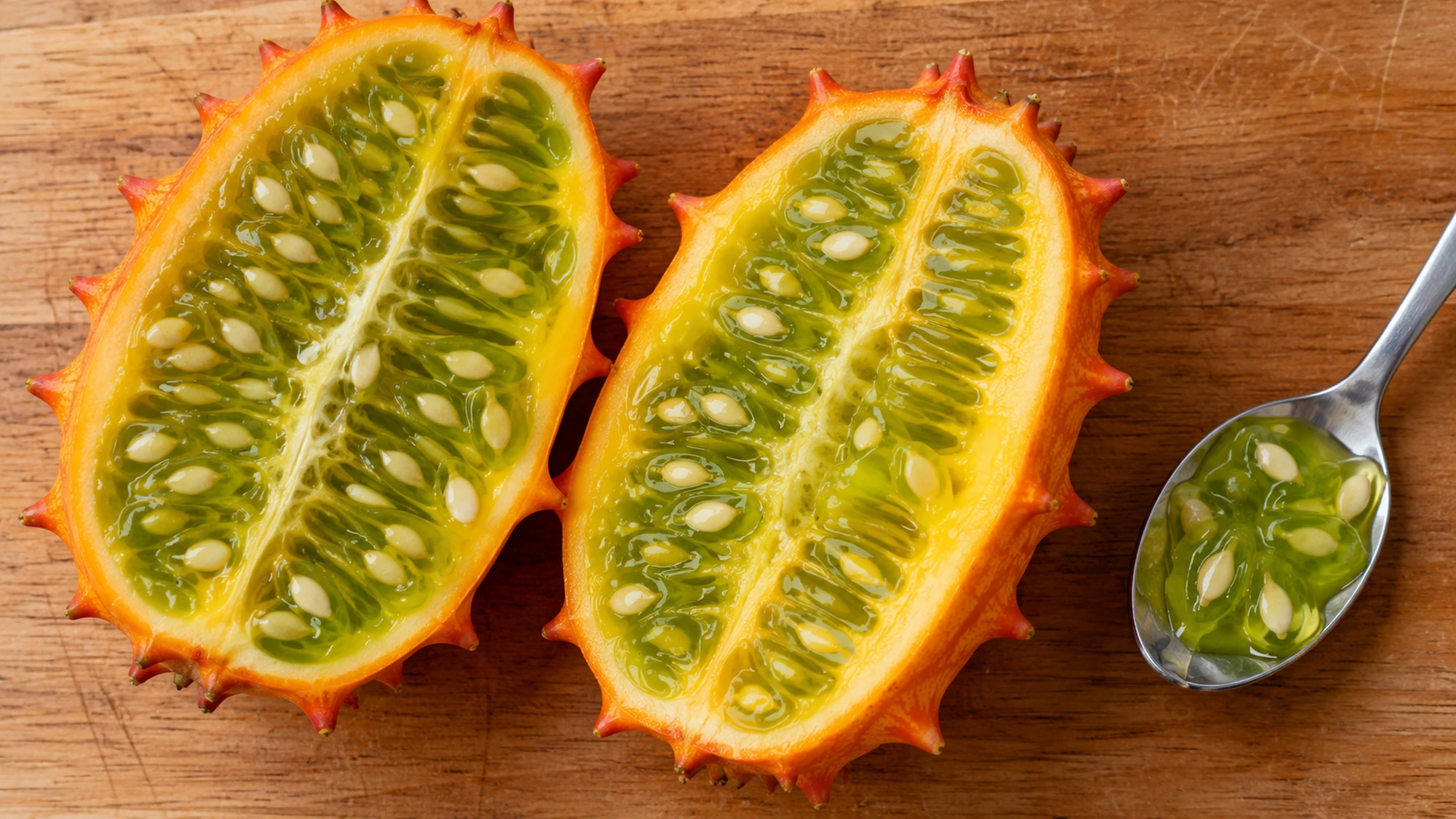 Horned melon halves with green jelly-like pulp and a spoon on a cutting board